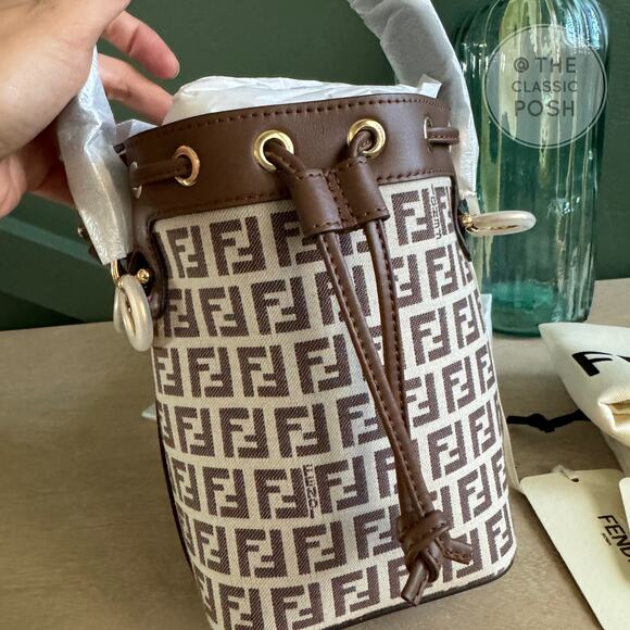 New Fendi Mini Mon Tresor Brown Fabric Mini Bucket Bag - Picture 2 of 11
